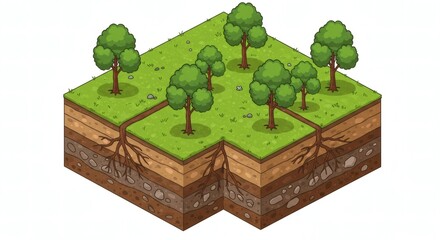 Isometric Illustration of Layered Land Section with Soil, Grass, and Trees – Clean Vector Style for Environmental Education, Construction Planning, or Geology Concept Design