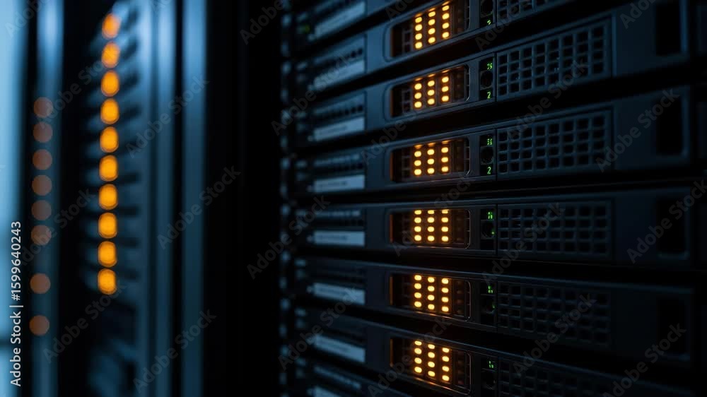 Poster close-up of server racks with data storage and technology equipment in data center.