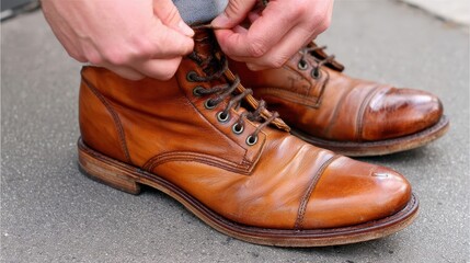 Hands tying shoelaces on brown leather boots.