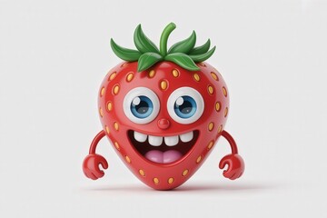 A cheerful cartoon strawberry character with big blue eyes and a wide grinning mouth