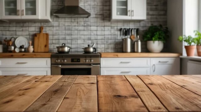 Rustic wooden table in bright kitchen interior for food, plants, design. Focus on wooden table top, kitchen background with cabinets, tile, counter.