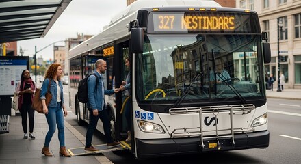 Passengers Boarding City Bus at a Transit Stop