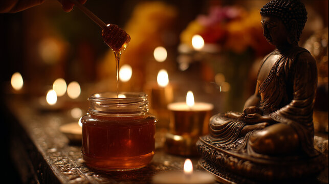 Madhu Purnima: Close-up of jar of honey being placed near a Buddha statue during Madhu Purnima puja, warm candlelight, detailed textures