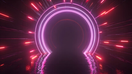 Neon Portal Abstract Futuristic Background with Glowing Circle and Light Rays