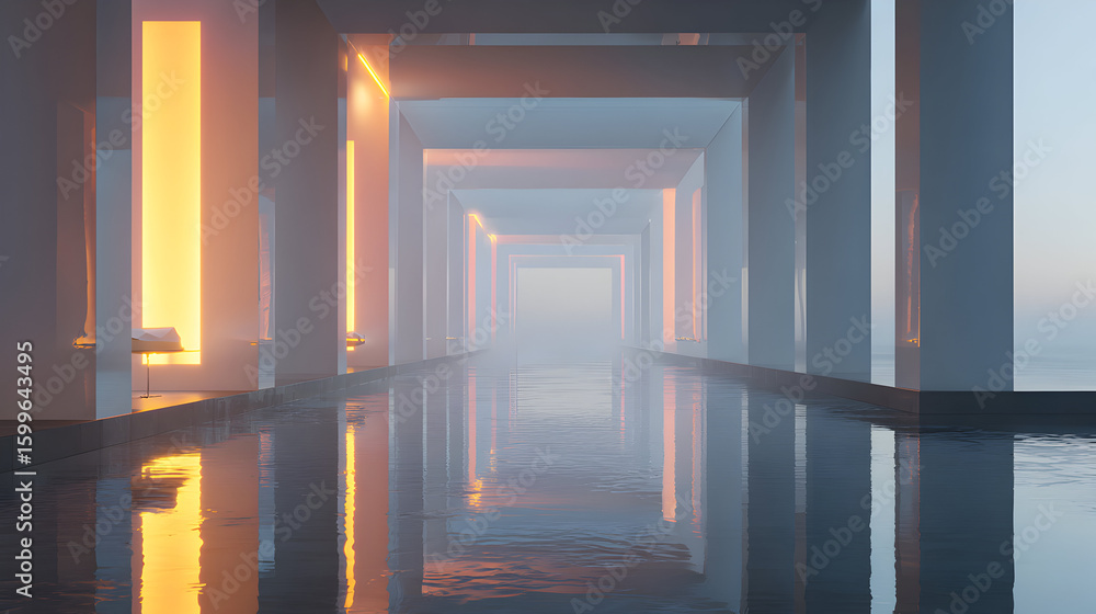 Aufkleber abstract architectural space featuring geometric columns and water surface reflections illuminated b