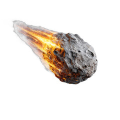 Fiery meteor streaking through space, detailed surface texture, celestial theme, perfect for science or astronomy projects. Isolated on white background or PNG