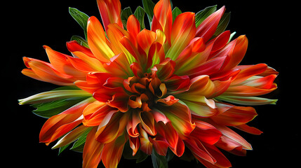 Radiant dahlia flower close-up, vibrant colors against a stark black background
