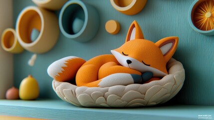 A sleeping fox in a nest, a whimsical 3D scene