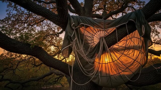 Sunset Through Parachute in Oak Tree - A used parachute is draped over the branches of a large oak tree at sunset.