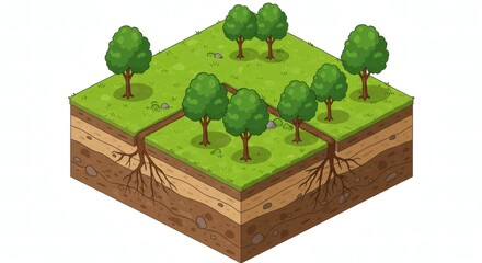 Isometric Illustration of Layered Land Section with Soil, Grass, and Trees – Clean Vector Style for Environmental Education, Construction Planning, or Geology Concept Design