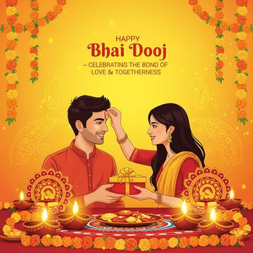 Sister applying tilak on brother s forehead during bhai dooj festival with gifts and diyas