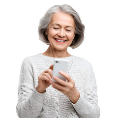 Elderly woman smiling while using smartphone, joyful expression, light sweater, casual setting, focus on connection. Isolated on white background or PNG