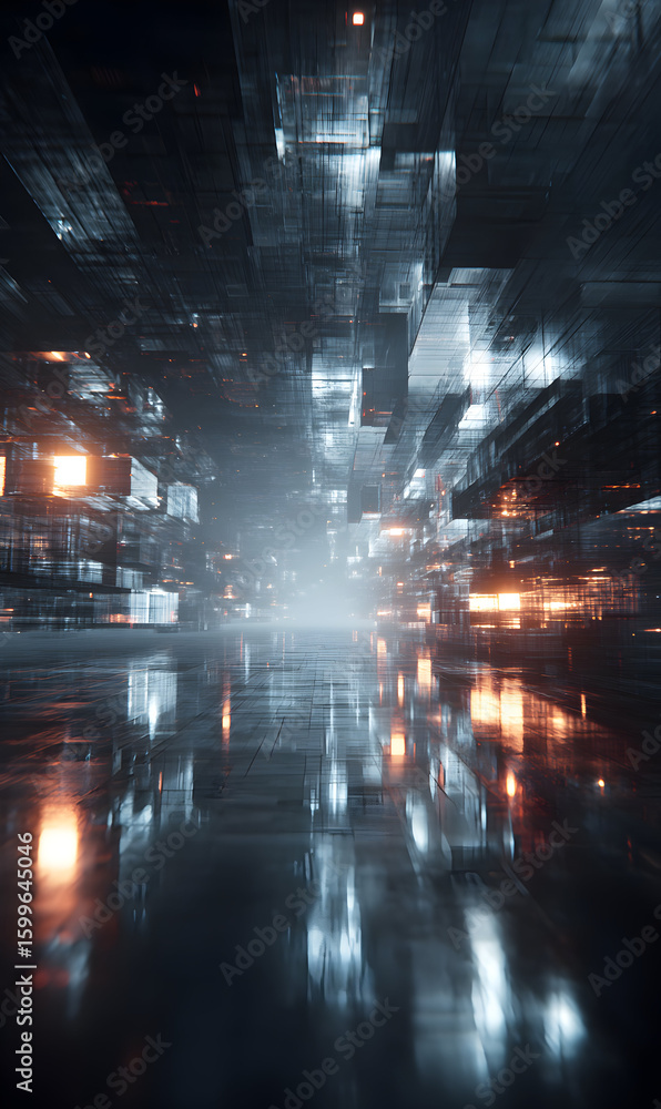 Poster abstract cityscape glow digital background geometric shapes shimmering reflection futuristic environ