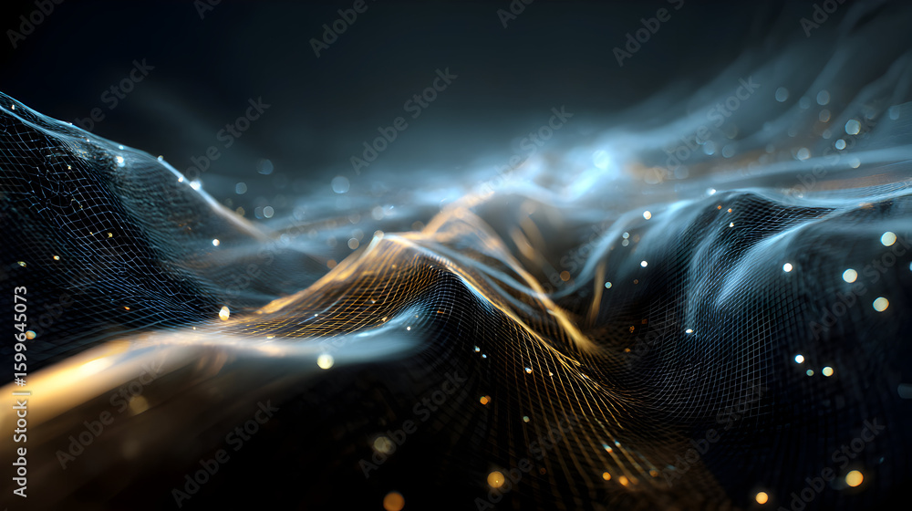 Poster abstract technology mesh grid with glowing particles visual display for science and digital data con