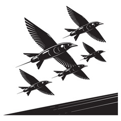 Obraz premium A flock of birds in flight against a white background with a textured diagonal line suggesting movement and direction