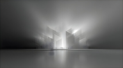 Abstract monochrome cityscape with architectural form and figures suggesting urban exploration and a sense of scale within a modern grayscale environment conveying futuristic