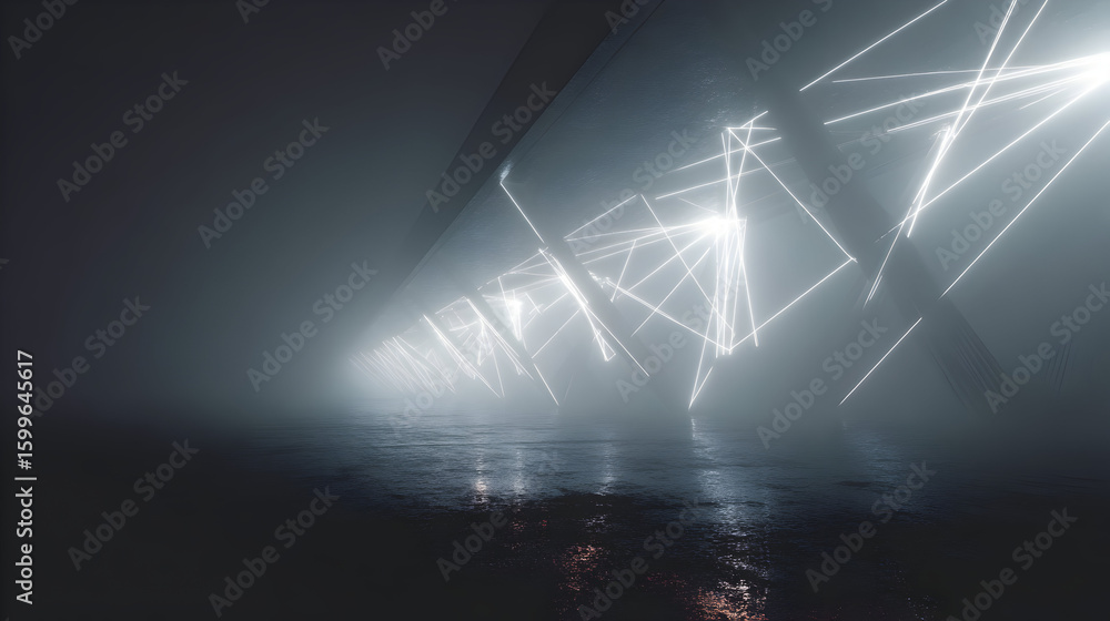 Poster abstract corridor with luminous lines and fog reflecting on wet floor mysterious futuristic glowing 