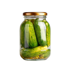 Glass jar filled with pickles, vibrant green cucumbers, brine liquid, ideal for food blogs or cooking recipes, copy-space available Isolated on white background or PNG