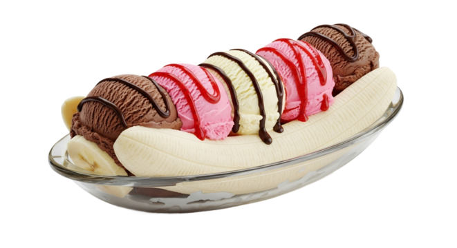 Banana Split with Ice Cream Scoops and Chocolate Sauce