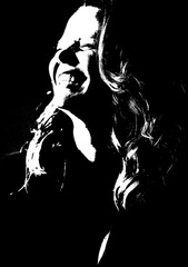 silhouette beautiful fashionable girl long hair makeup nails with nail polish woman posing with country style image woman vector black and white