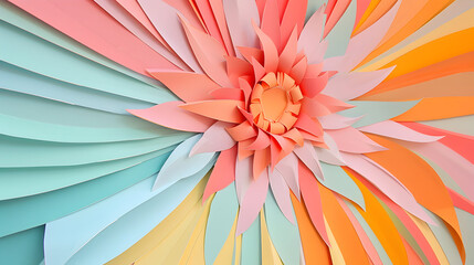 Vibrant paper flower art with pastel colors radiating from central blossom