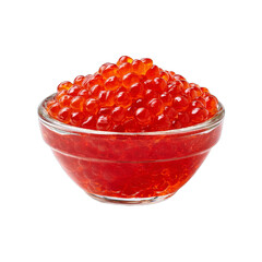 Bright bowl of red caviar, glistening pearls of delicacy, perfect for gourmet dishes and elegant dining experiences. Isolated on white background or PNG