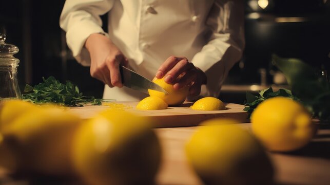 Chef preparing fresh lemons on a wooden cutting board. - Powered by Adobe