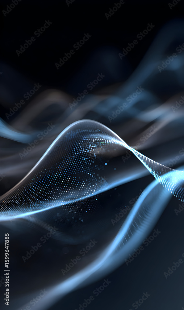 Poster dynamic abstract particle wave with flowing blue lines against a dark gradient background showcasing