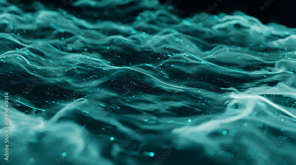 Poster teal data stream with shimmering effect creates a stunning digital ocean of waves and abstract grid 