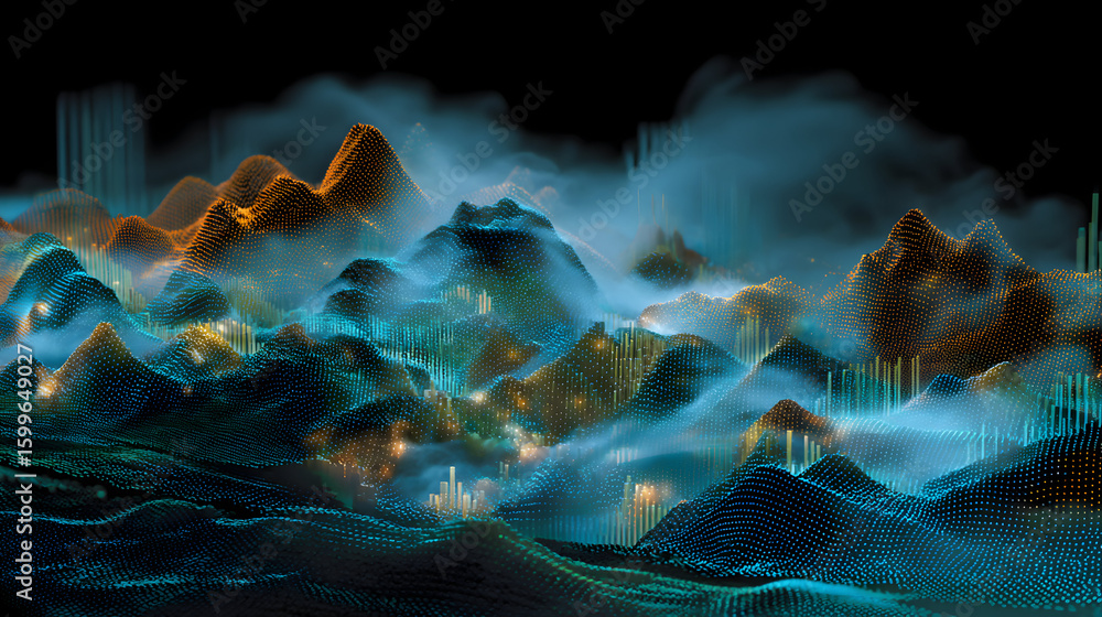 Poster abstract network landscape with mountains and foggy structures digital design conveying connection c