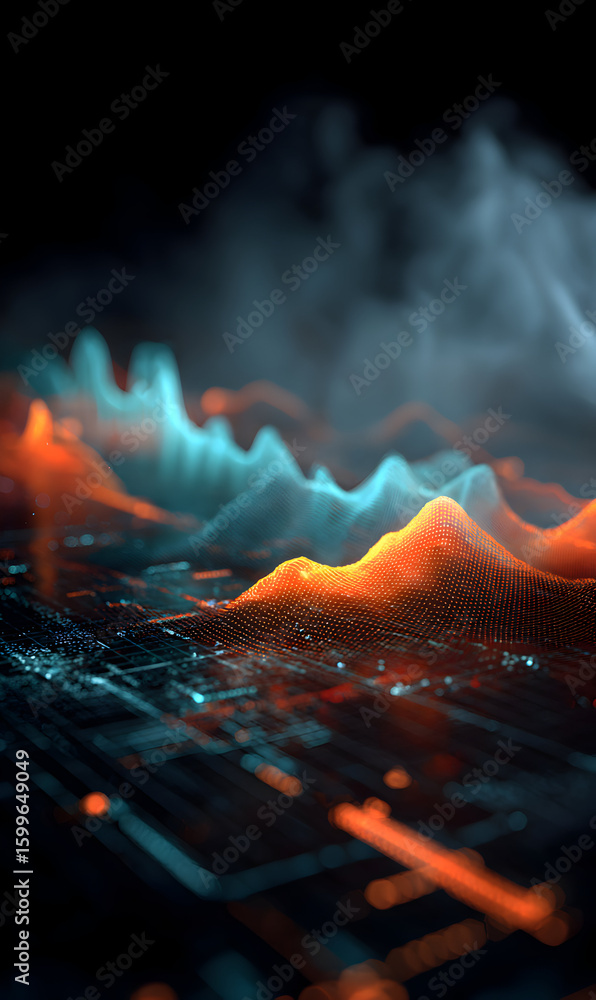 Poster abstract futuristic digital landscape with glowing peaks and data streams modern visualization of ne