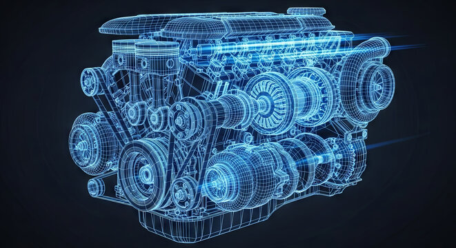 Digital blueprint of a complex futuristic engine with transparent layers.