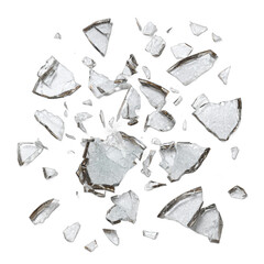 Scattered glass shards, reflective fragments creating dynamic textures, suitable for creative design or safety awareness. Isolated on white background or PNG