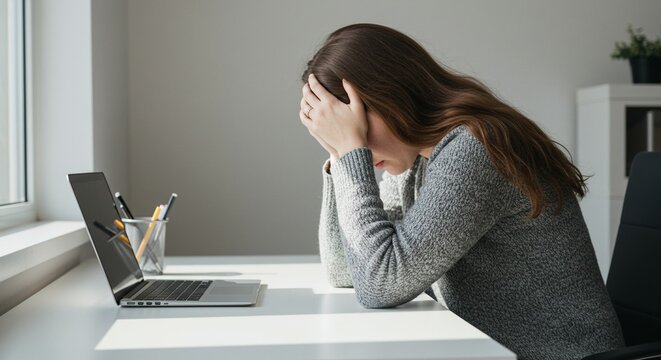 Woman with Head in Hands at Desk