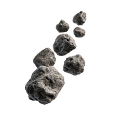 Floating asteroids in cosmic space, irregular rocky formations with varying sizes, ideal for sci-fi themes or educational content. Isolated on white background or PNG