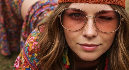 closeup of a pretty hippie young woman wearing 1970s clothing and glasses, retro, vintage, 1960s, model, bohemian fashion, 70s vibe, flower child, peace and love, retro glasses, vintage look, summer
