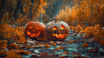 Lit pumpkins on a leaf-strewn path in autumn woods, radiating warm festive light