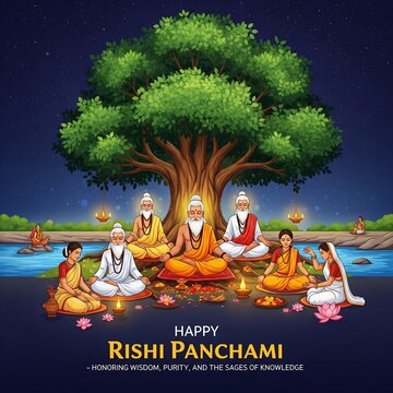 Happy rishi panchami celebration with holy sages meditating under a large tree beside a flowing river