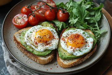eggs on avocado and tomato toast.