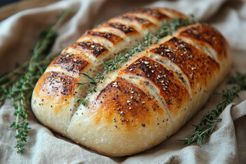 Close-up of herb-covered bread.