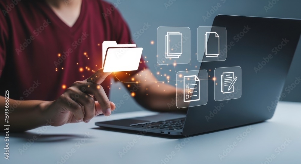 Poster a person interacting with digital document icons on a laptop screen with file management concept