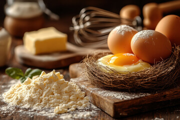 Eggs nestled in flour and butter.