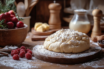 Dough on wooden cutting board.