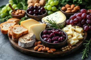 Cheese, grapes, and nuts on a wooden board.
