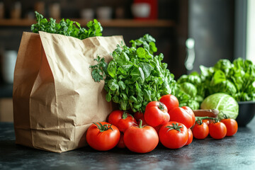 Paper bag filled with fresh tomatoes and basil.