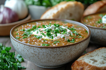 Bowl of soup with bread and butter on the side.