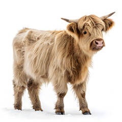 young highland cow on a white isolated