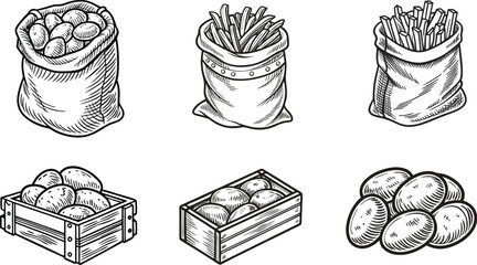 Collection of hand drawn illustrations depicting sacks and crates filled with fresh potatoes and a pile of potatoes