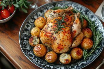 Plate of chicken and potatoes garnished with herbs.