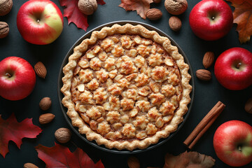 Apple pie topped with cinnamon and nuts.